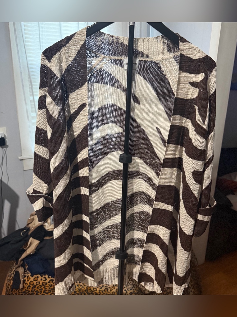 Chico's Brown and Ivory Zebra Print Open Front Linen Blend Cardigan Sz.1 Medium